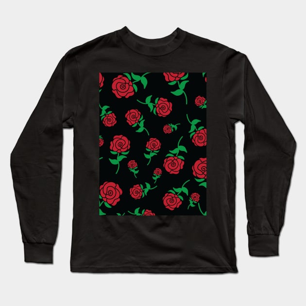 Red Rose Hand Drawn Roses Pattern Long Sleeve T-Shirt by Rosemarie Guieb Designs